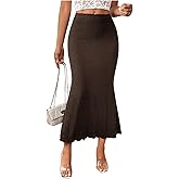 GORGLITTER Women's Solid Pencil Skirt Lettuce Trim Bodycon Long Skirts Dress