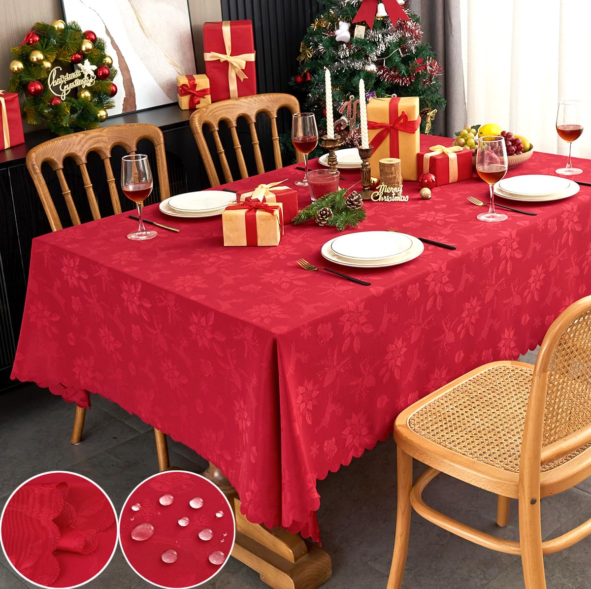 EFFICINATURE New Year Rectangle Tablecloth Christmas Red Jacquard Fabric Table Cloth Waterproof Washable Decorative Soft Table Cover for Kitchen Dinning Buffet Birthday Holiday Party(60X102 in) Image