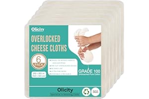 Olicity Cheese Cloths 6Pack - 50x50cm Ultra-Fine Unbleached 100% Cotton Overlocked Reusable Cheesecloth for Straining, Making
