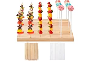 IHKFILAN 30 Holes Wooden Skewer Display Holder,Rectangle Fruit Kabobs Skewers Stand,Catering Appetizer Fruit Pick Stand Skewers,Wheat Color Wood Lollipop Holder for Baby Shower Birthday Cocktail Party