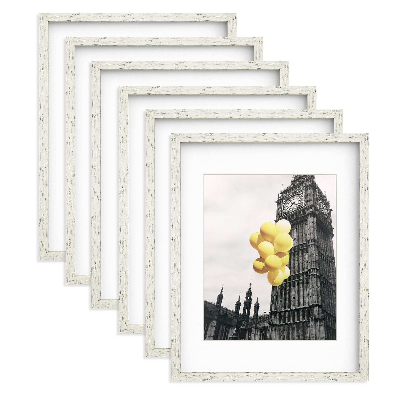BSRHOME 11x14 Picture Frames Distressed White, Rustic Farmhouse Photo Frames Multi Photo Frames Collage for Wall or Tabletop Display with Mat 8x10, Set of 6