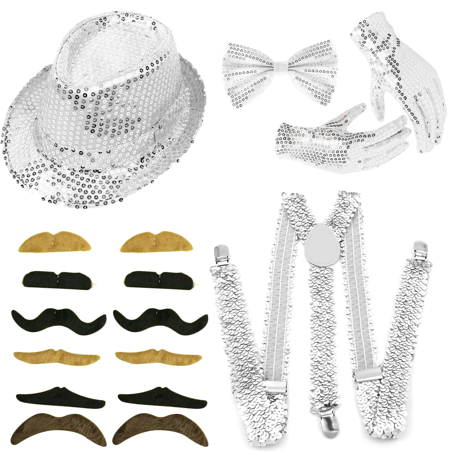 DKDDSSS 16 Pcs Jazz Dance Performance Set - Hat, Gloves, Necktie, Bow Tie, Sequin Hat Sliver Set - Disco Costume