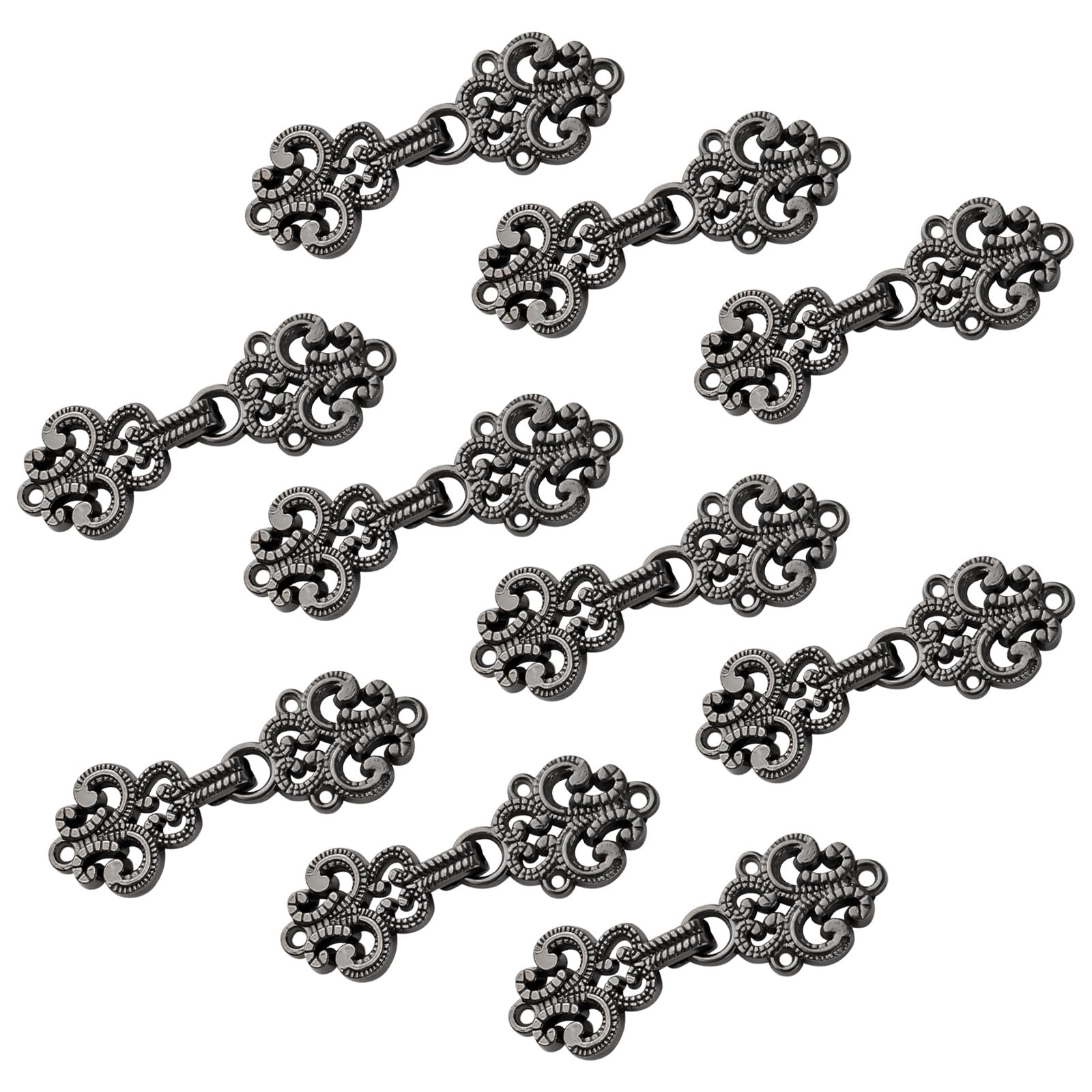 WANDIC Cardigan Clips, 10 Pairs Vintage Hollow Flower Cape Fasteners Sew On Hooks And Eyes Cloak Clasp Fasteners For Sweater Shawl, Gun Black