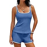 Aleumdr Tankini Swimsuits for Women Tummy Control Bathing Suits Sporty Two Piece High Waisted Swimwear with Shorts