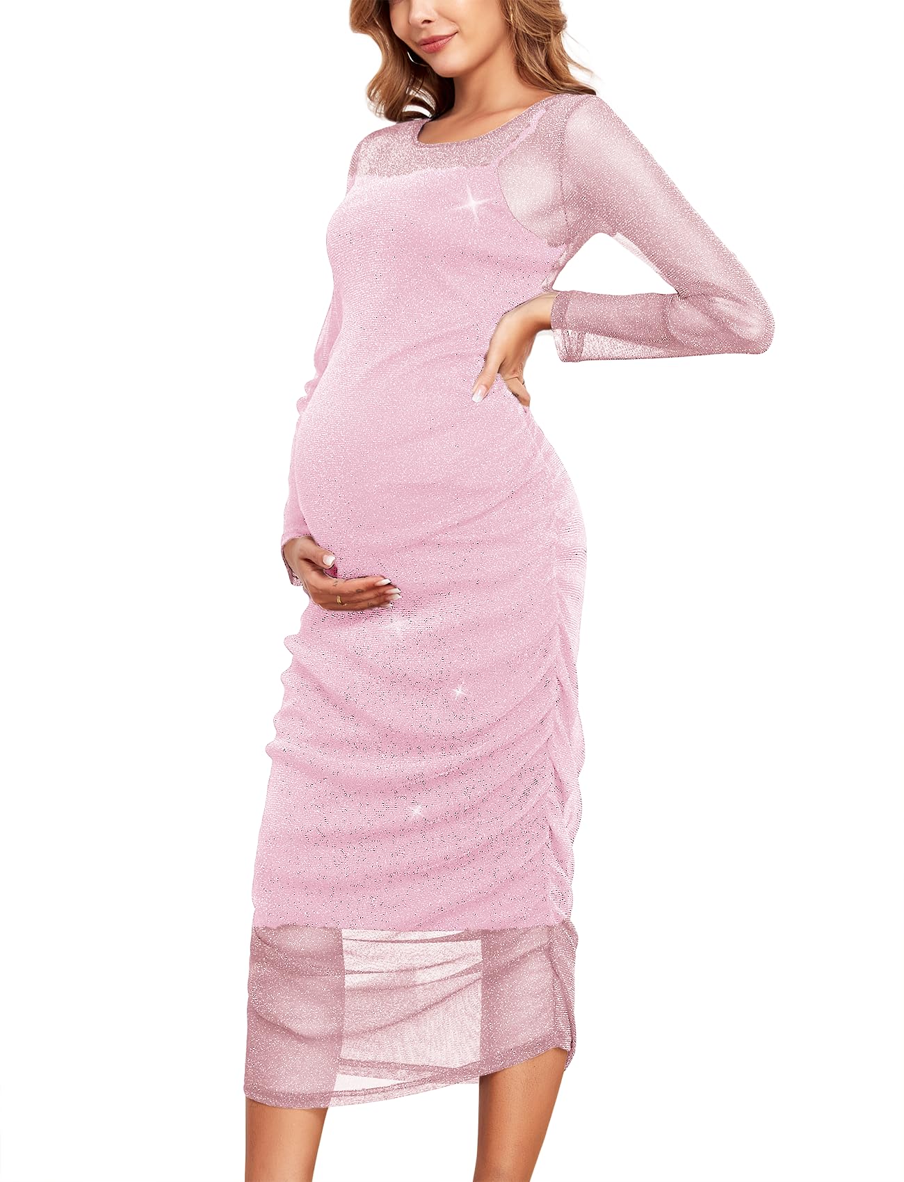 Photo 1 of CYCLAMEN 2025 Maternity Mesh Dress Ruched Side Round Neck Pregnancy Dresses Baby Shower Wedding Guest Cocktail Party, Sparkly Light Pink, XL