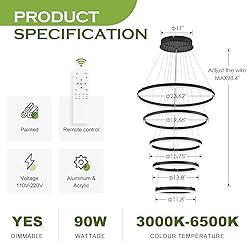 Benkut 5-Rings Modern LED Chandelier Black High