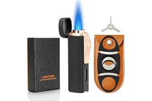 Futlidys 420 Carbon Steel 𝐂𝐮𝐭𝐭𝐞𝐫 and Lighter Set, Built-in Punch, Triple Jet Flame Butane Torch Lighter, Refillable Windproof Gas Lighter. Black(Sold Without Gas)