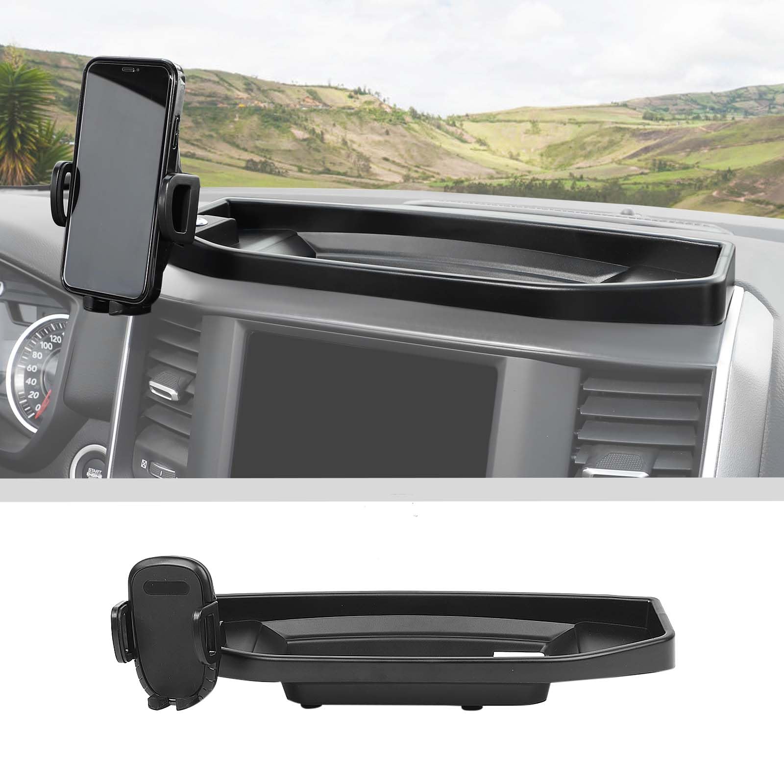 Photo 1 of JWWY Phone Holder Mount with Storage Tray Central Dashboard Phone Mount with Storage Bin Fit for 2018-2025+ Dodge RAM 1500 2500 3500 Interior Accessories Black