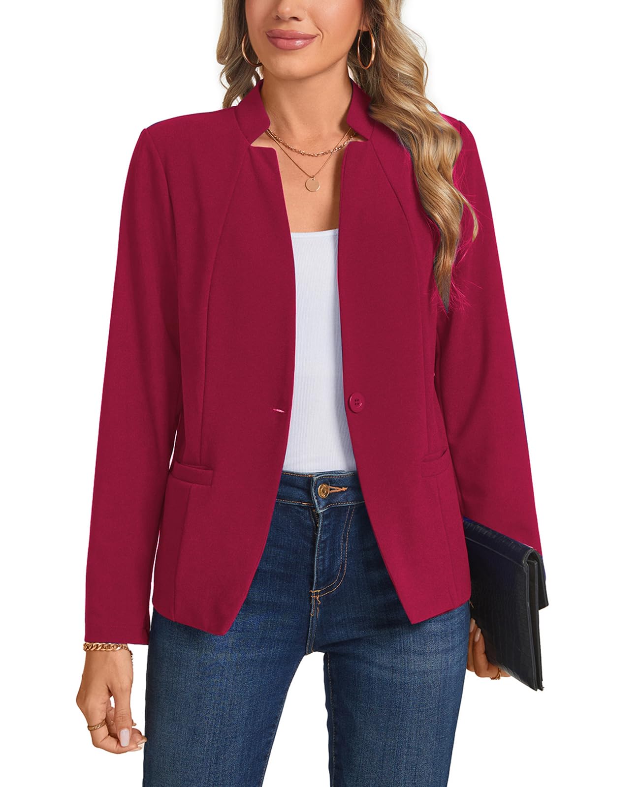 Photo 1 of LARGE-YOUNIFIZ Women's Casual Blazer Long Sleeve Open Front Business Work Office Blazer Jacket with Pockets, Red