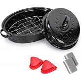bajindan 16 Inch Enamel Roasting Pan with Lid &amp; Rack &ndash; Small Roaster Pan for Chicken, Vegetables, Lasagna &ndash; Oven &amp; Dishwasher Safe, 932&deg;F Heat Resistant &ndash; Includes Silicone Handles &amp; Cleaning Sponges