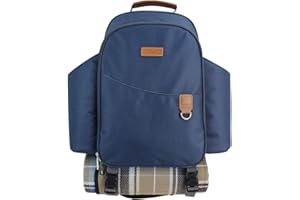 HappyPicnic Insulated Picnic Backpack for 2 Persons with Full Set of Tablewares, Roomy Cooler Compartment, Bottle Holders and Large Waterproof Picnic Rug (Navy Blue)