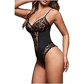 SOLY HUX Women's One Piece Lace Lingerie Sheer Deep V Neck Teddy Lingerie Bodysuit Nightwear