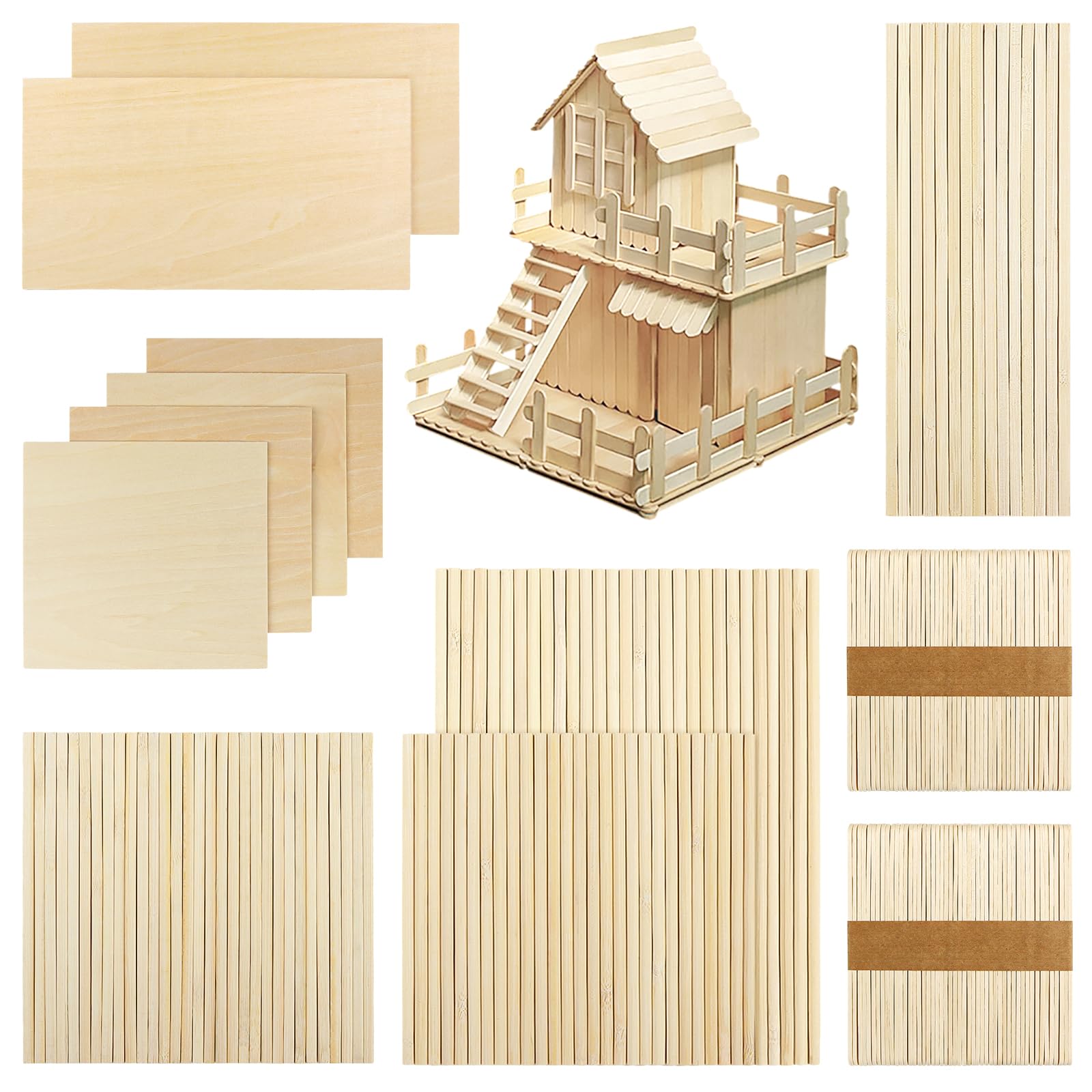 DOITEM 281 PCS Natural Wood Craft Lollipop Sticks Dowel Rods Balsa Wood Sheets Smooth Popsicle Art Stick Square Dowel Sticks Perfect for Craft Items — image 1