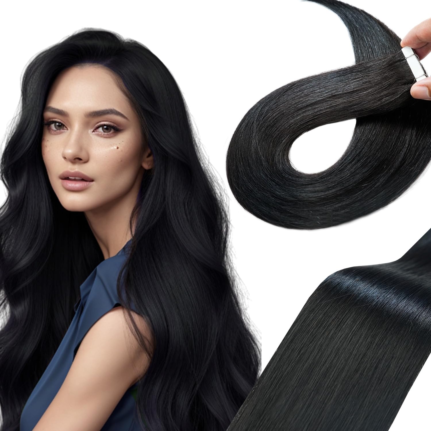 Qingliang Tape in Hair Extensions Human Hair Straight Skin Weft Real Remy Hair Extension 20pcs 24 inch 50g Tape Hair Extensions (#1 Jet Black 24 Inch)