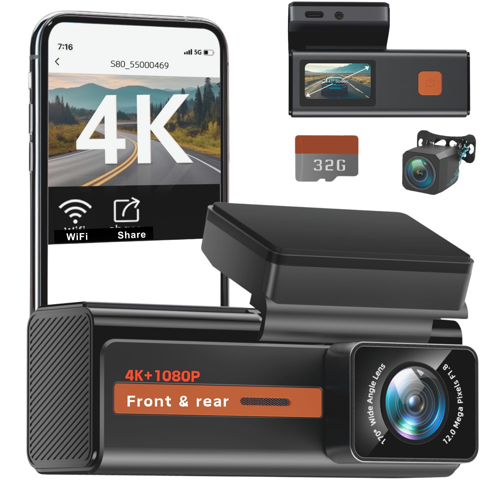 Photo 1 of Dash Cam Front and Rear, 4k+1080P Dual Dashcam for Cars, WiFi & App Control Dash Camera,1.5” IPS Car Camera with 32GB Card,170°Wide Angle, Night Vision, 24H Parking Mode, G-Sensor, Support 256GB Max