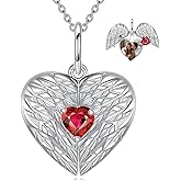 MUUYON Photo Locket Necklace for Women 925 Sterling Silver Personalized Ruby Angel Wing Photo Necklace Gift for Grandma Mom Her