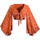 IQLWI 70s Boho Tops for Women Hippie Shirt Floral Flowy Disco Deep V Ruffle Blouse