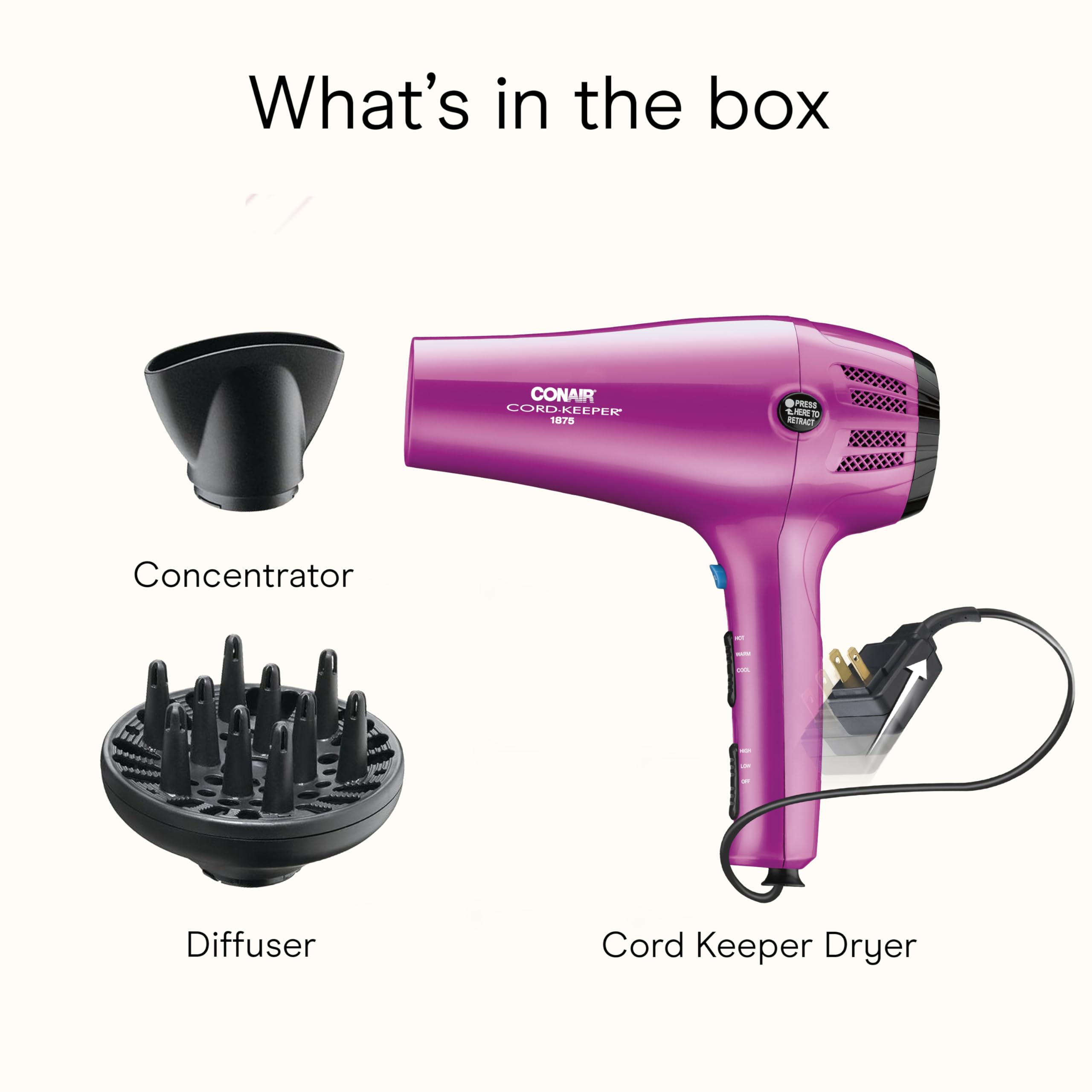 CONAIR Hair Dryer with Retractable Cord, 1875W Blow Dryer, 3 Heat Settings, 2 Speeds, Blow Dryer with Diffuser and Concentrator Attachments, Ionic + Tourmaline Technology, Pink