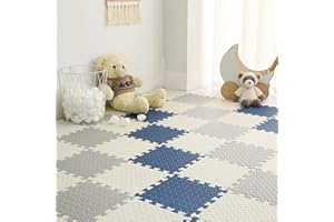 Tamiplay Foam Play Mat for Toddlers, EVA Non-Toxic Interlocking Floor Mats with Solid Colors, Squares Baby Play Mat, EVA Foam Floor Mat Foam Mats for Kids, Baby, 16 Tiles(White/Light Gray/Dark Blue)