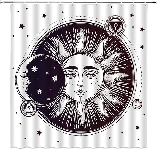 Amazon Com Sun And Moon Shower Curtain Vintage Sketch Celestial Sun And Moon Star Bohemia Mandala Pattern Fabric Bathroom Decor Sets With 12 Hooks 71x71 Inchs White Black Kitchen Dining