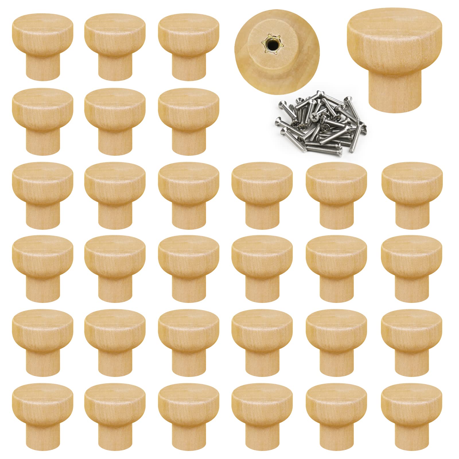 Yicaam Wooden Knobs: 30 Pcs Round Drawer Knobs, Cabinet & Wardrobe Screws Included