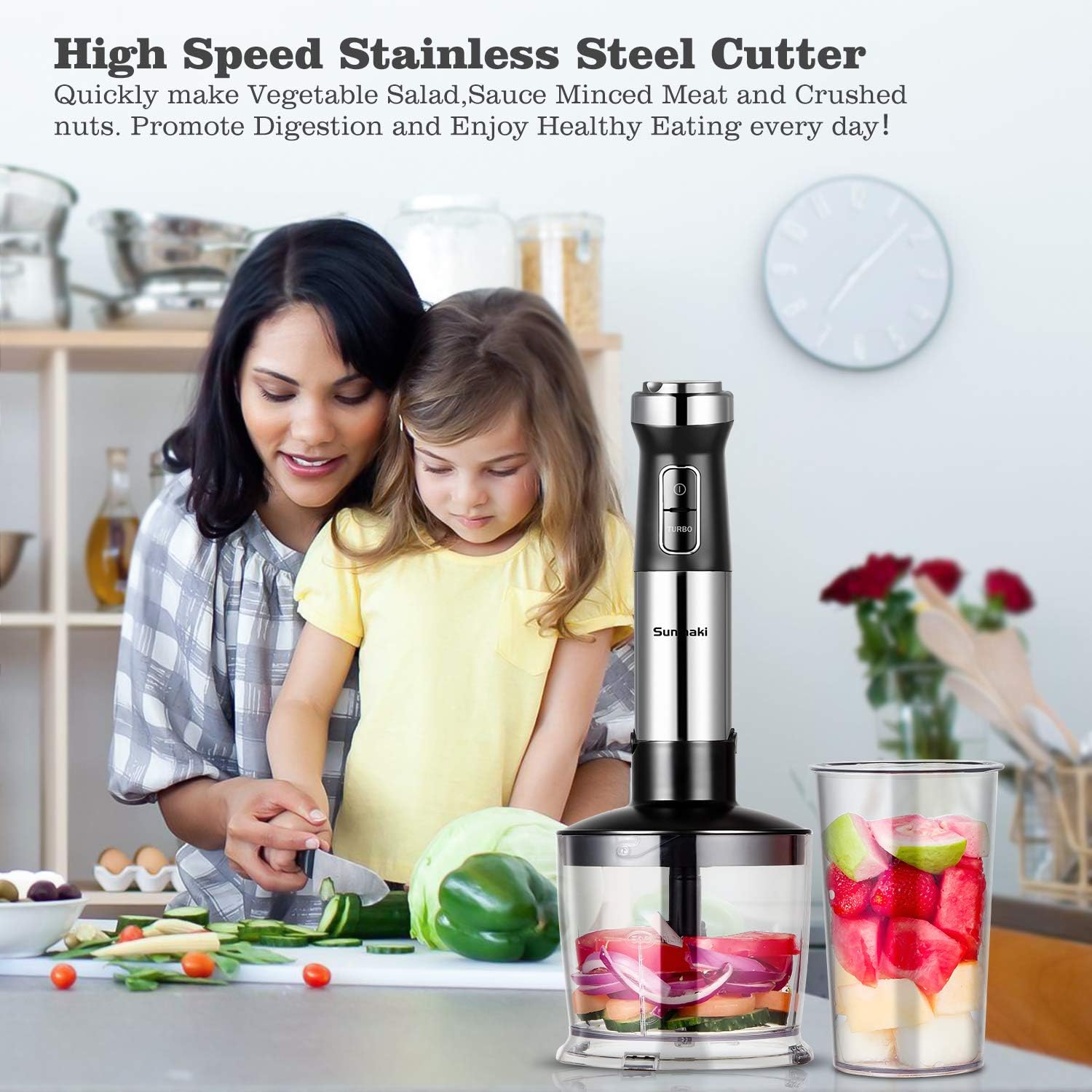 Sunmaki 4 in 1 Hand Blender multi function, Immersion blender, Speed Adjustable Stainless Steel Stick, Egg Whisk, Baby Food/Juice/Smoothies Maker, Minced meat, 500ml Food Chopper, 800ml Container: Kitchen & Dining