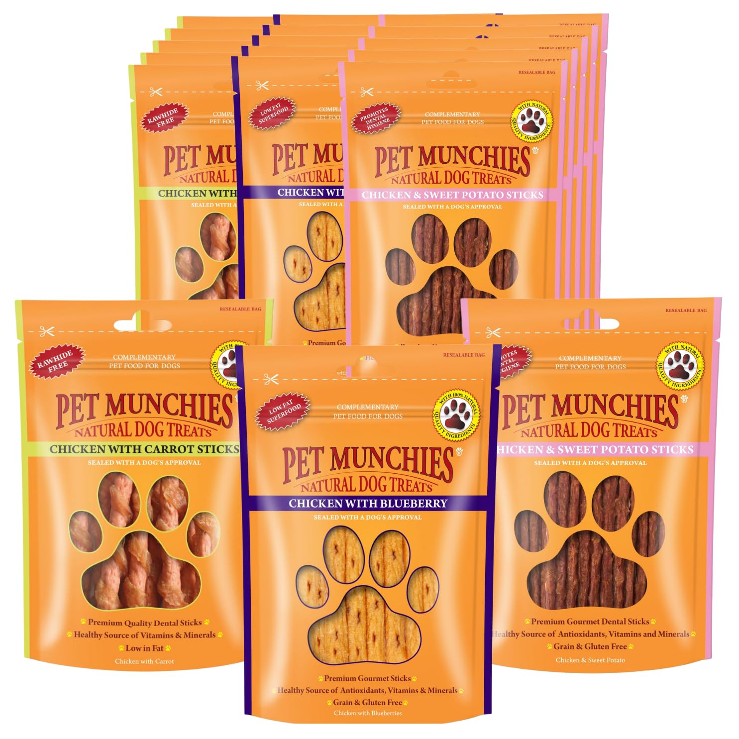 Pet Munchies Mixed Chicken Stick Bundle for Dogs, Chicken with Cheese, Blueberry or Carrot Flavour, Natural Real Meat Dog Chew Treat Sticks, 18 Variety Bags, 260g