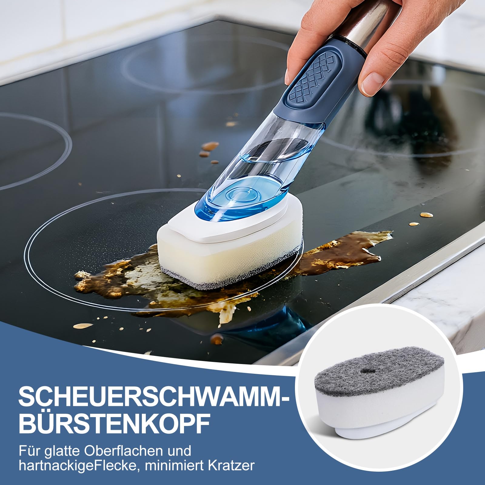 Masthome Spülbürste mit Spülmittelspender, Befüllbare Spülbürste, 4 Verschiedenen Ersatzköpfen, Multifunktional Küchenbürste Reinigungsbürste, Geschirrbürste für Geschirr, Töpfe, Spülen Reinigung 5