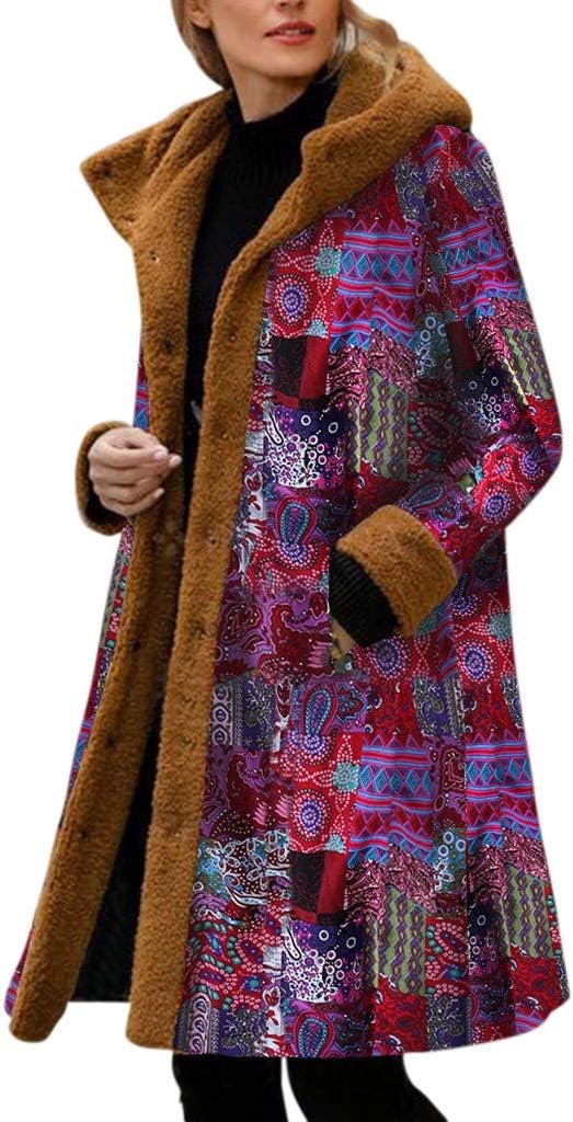 Smileyth Women Hooded Long Coat Fashion Vintage Print Fleece Patchwork Long Sleeve Winter Warm Comfortable Button-Down Plus Size Casual Loose Outwear Overcoat