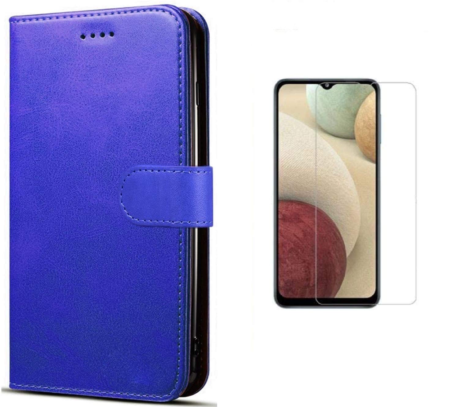 SPGKA Case and Screen Protector For Samsung Galaxy A12, Samsung Galaxy A12 5G, Blue Flip Wallet Case And Clear Anti Scratch Tempered Glass Protector