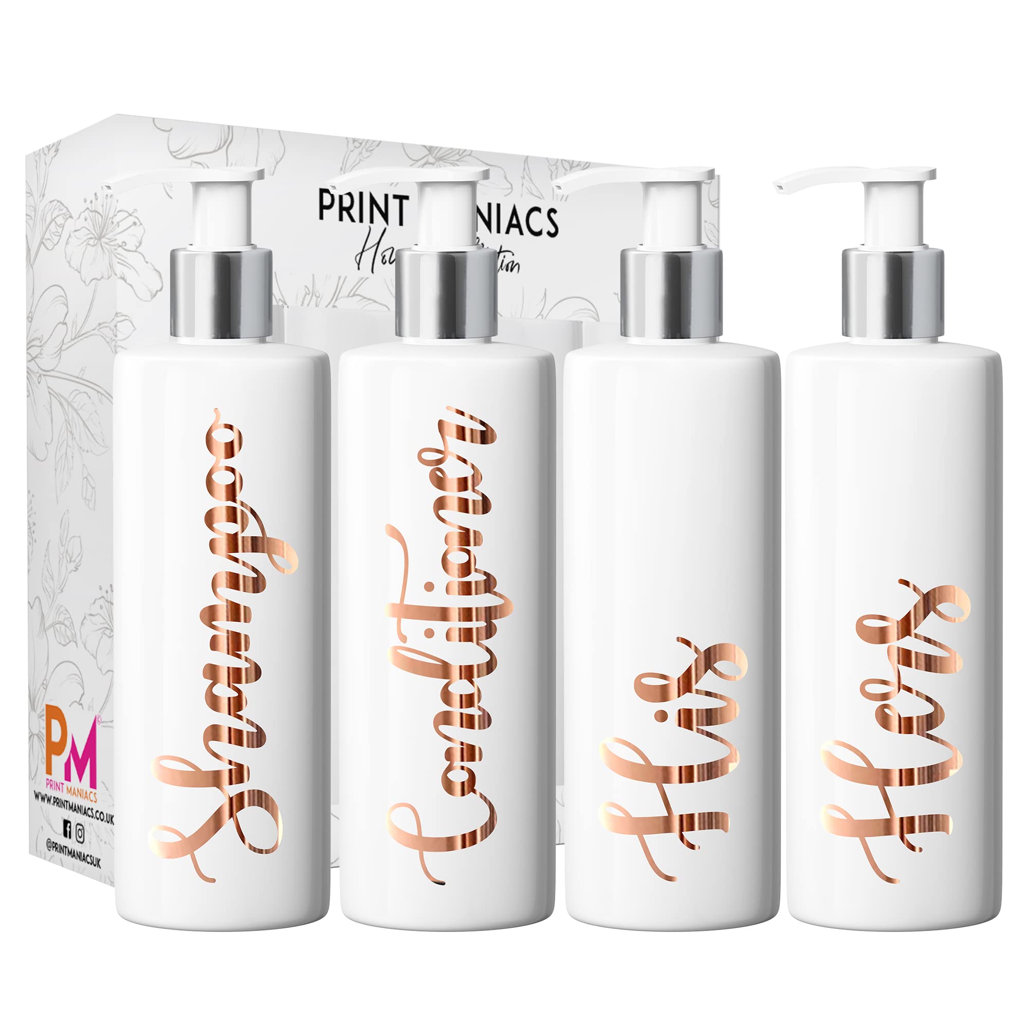 Print Maniacs White Mrs Hinch Inspired Personalised 500ml Pump Bottles Bathroom Lotion Kitchen Set Shampoo Conditioner (Set 4 His Her) (Copper)