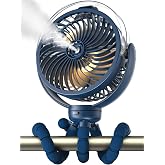 Wavmill Misting Stroller Fan, 6000mAh Battery Operated Portable Fan with Light &amp; 360&deg; Pivoting, Personal Cooling Fans with Flexible Tripod for Baby, Office, Travel,Treadmill,Outdoors (Dark Blue)