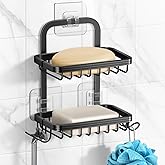 2 Tier Soap Bar Holder for Shower, Aluminum Wall Mounted Rustproof Soap Holder with 4 Hooks and Razor Holder, Shower Rack Soap Tray Bar Soap for Bathroom Accessories Organizer Black