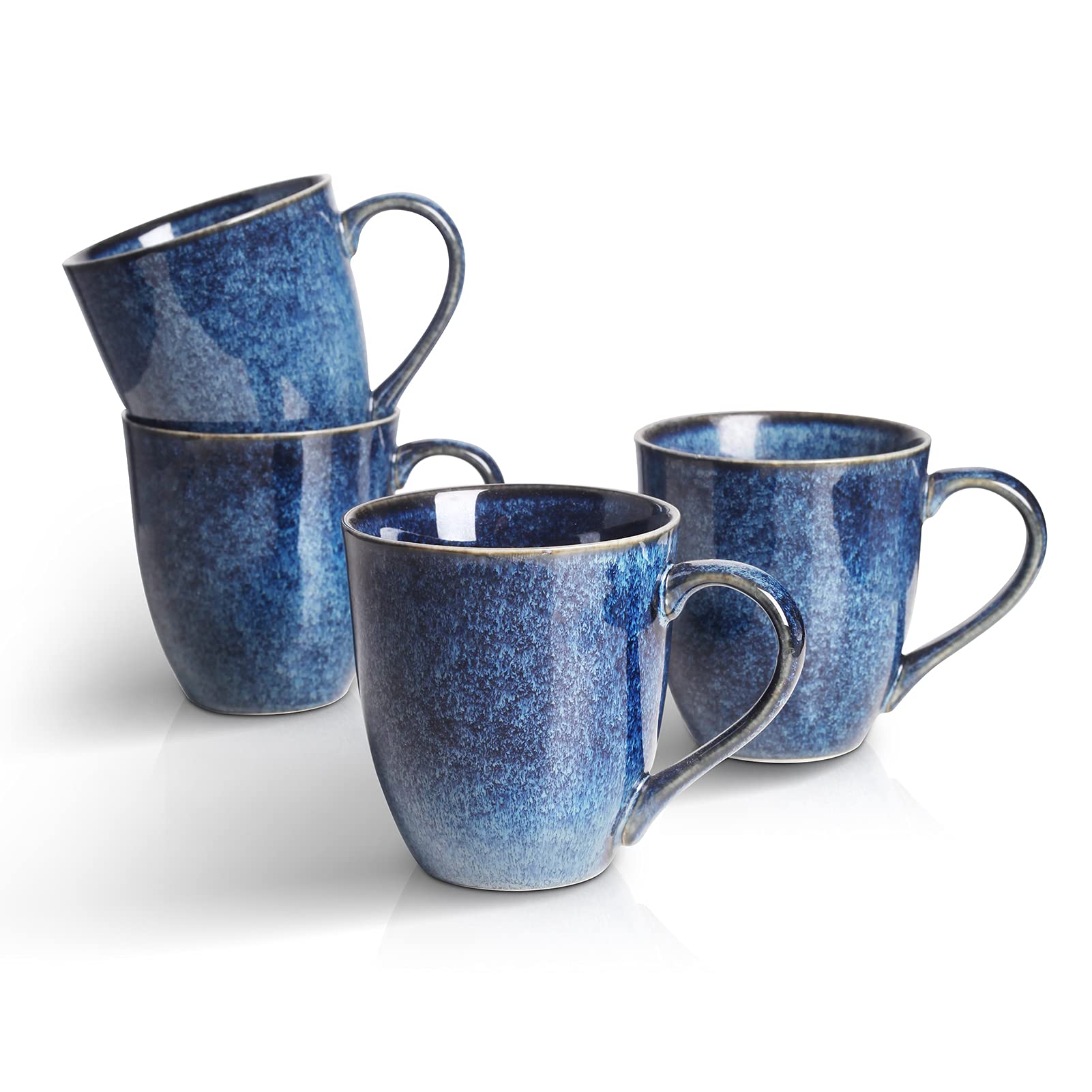 vicrays Porcelain Tea Mug Set of 4, 350 ml, Stoneware Coffee Mug for Men, Women, Unique Glazed Mugs with Handle for Coffee, Tea, Milk, Cocoa, Cereal (Blue)