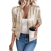 MINTLIMIT Women's Metallic Zipper Bomber Jacket Long Sleeve Lightweight Jacket Casual Loose Outwear Coat
