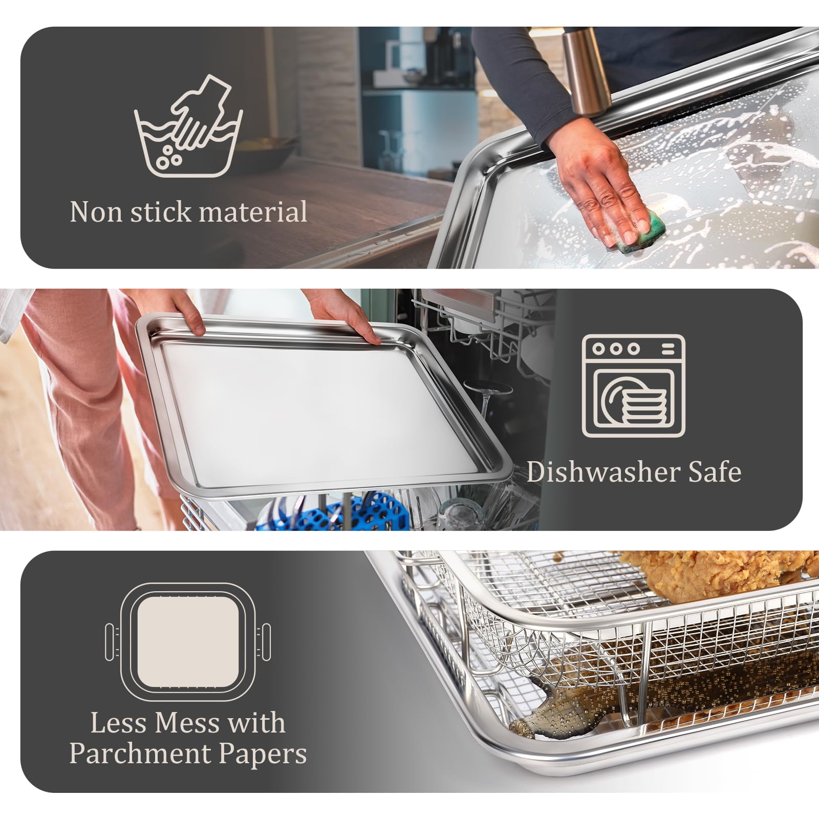 Baccooli Air Fryer Basket for Oven, Stainless Steel Oven Air Fryer Basket and Tray Set, 2 Pack Air Fryer Pan Rack with 100 Pcs Parchment Papers - 15