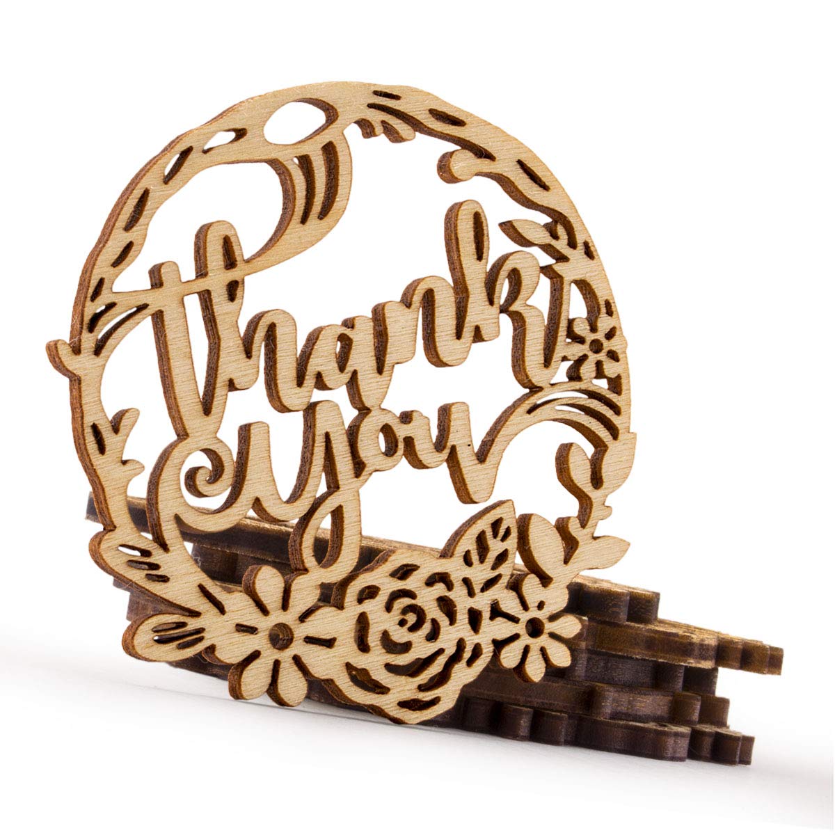 Summer-Ray 50pcs Wooden Laser Cut Thank You Floral Wedding Birthday Party Rustic Favour Gift Tags