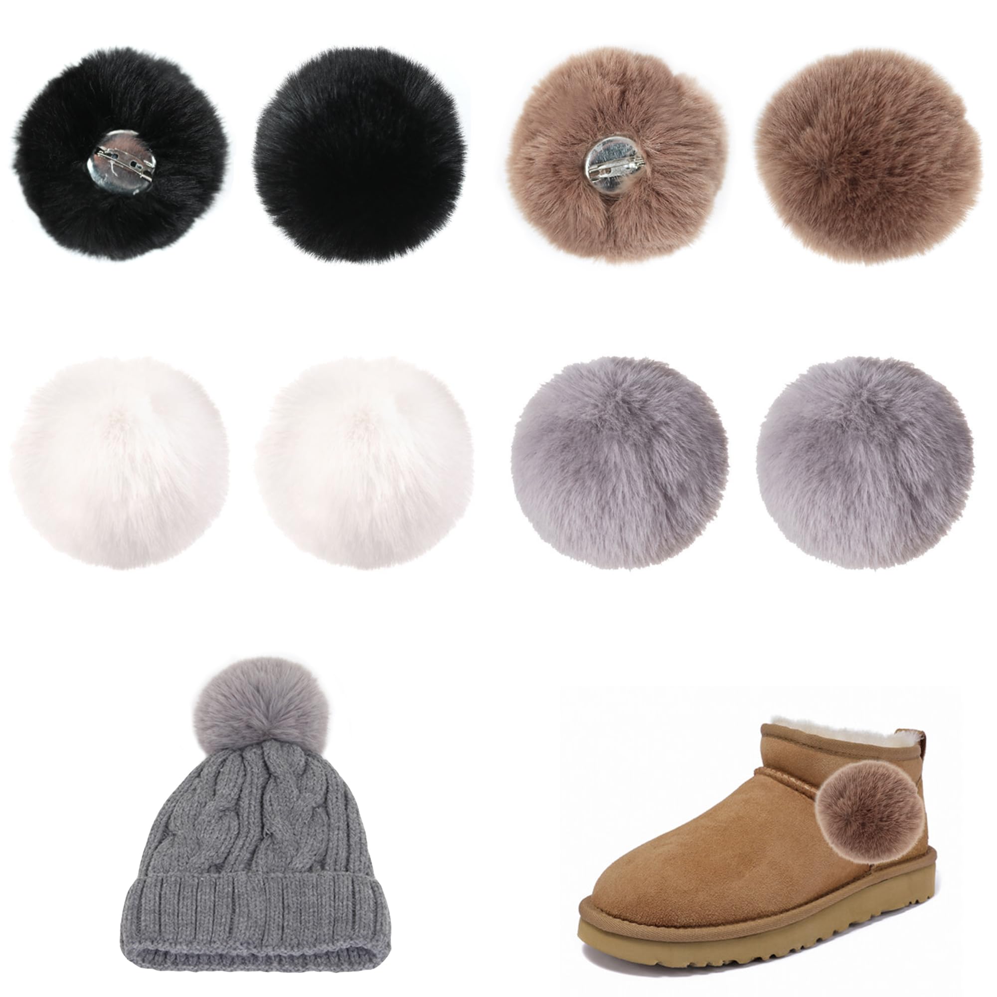 Pack of 8 Faux Fur Pompoms Fluffy Fur Pompoms Shoe Buckle Decoration Pompoms Plush Balls Fluffy Pom Poms Making DIY Hats Bags Scarves Shoes with Pin (A)