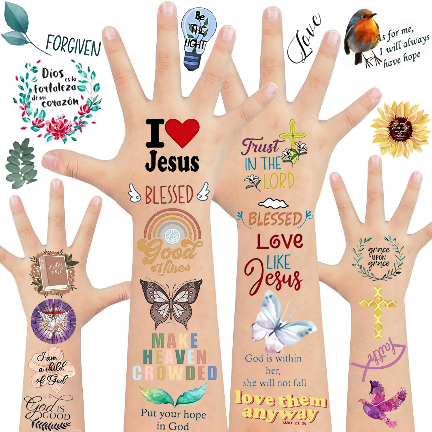 20 Sheets Christian Religious Temporary Tattoos 300Pcs Bible Verse Tattoos Stickers for Party Favors Decorations Supplies Motivational Scripture Faith Sunday School Prizes Gifts Rewards
