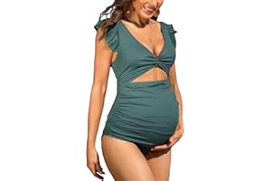 Charmo Ruffle Ribbed Maternity Swimsuit One Piece High Waisted Pregnancy Bathing Suits Push Up Swimwear