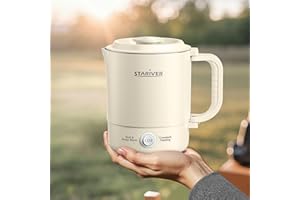 Stariver Portable Travel Kettle, 600ML Small Electric Kettle with Foldable Handle, Food Grade Stainless Steel Collapsible Water Boiler with Dual Modes, Compact for RV, Business Trip, Camping, Beige