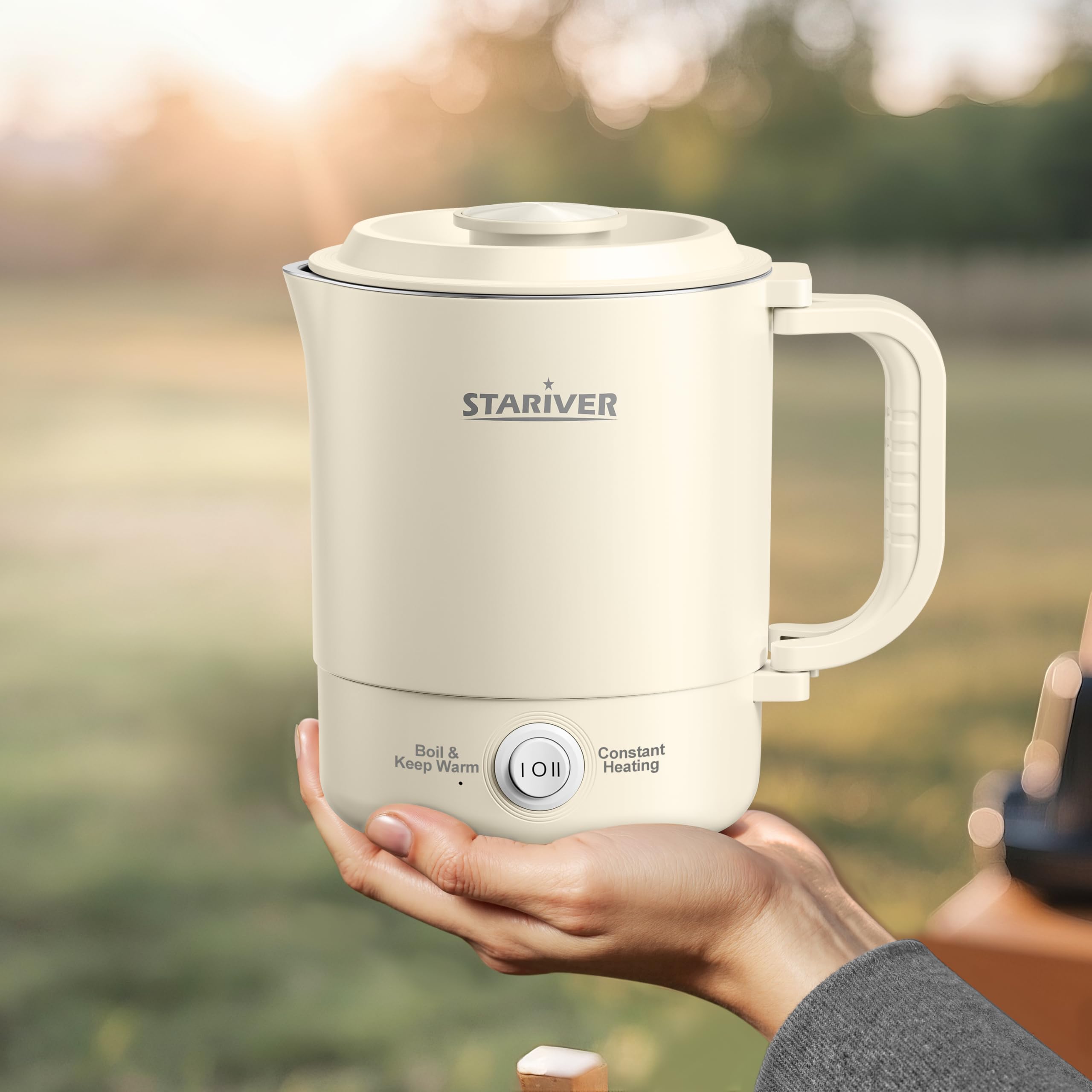 Photo 1 of Stariver Portable Travel Kettle, 600ML Small Electric Kettle with Foldable Handle, Food Grade Stainless Steel Collapsible Water Boiler with Dual Modes, Compact for RV, Business Trip, Camping, Beige