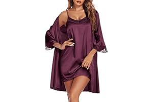 Ekouaer Sleepwear Women's Satin Nightgown with Robes Set 2 Piece Sexy Lace Cami Nightwear Bridal Robes