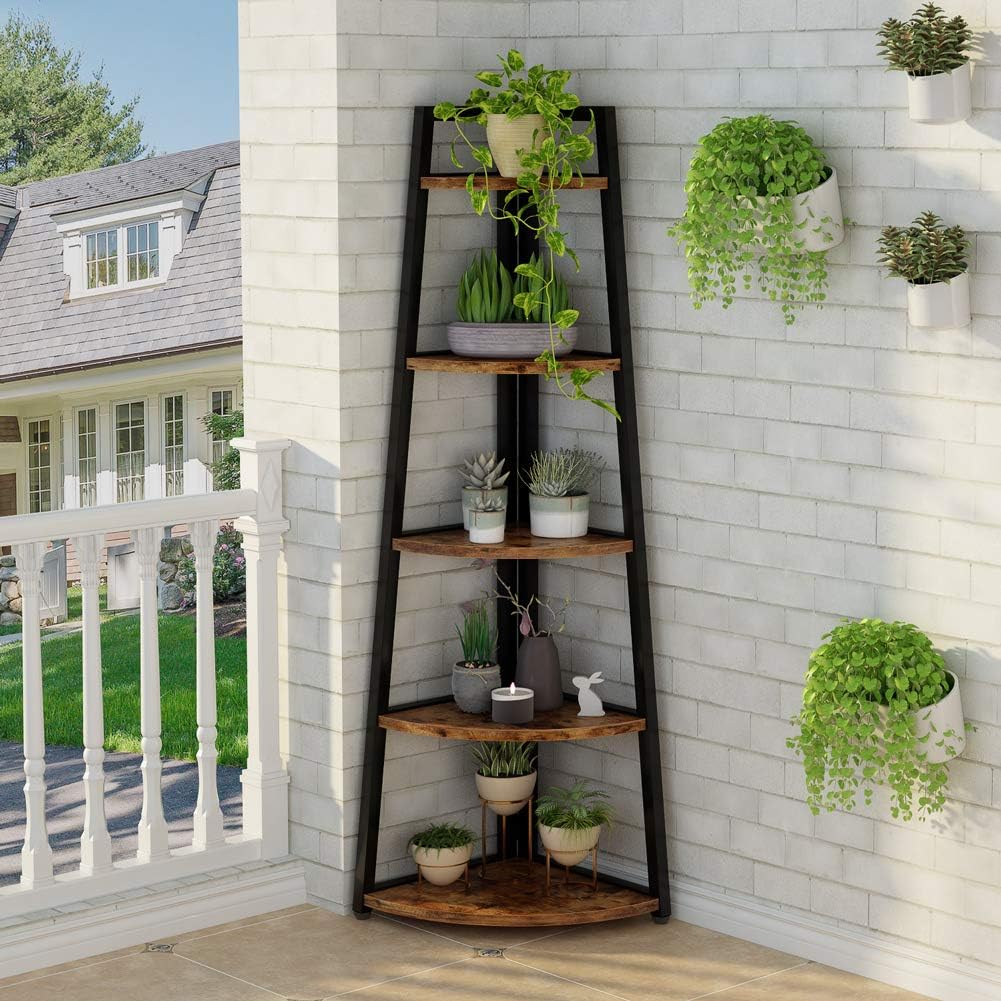 Tribesigns 70 inch Tall Corner Shelf, 5 Tier Rustic Corner Bookshelf Industrial Corner Ladder Shelf Small Bookcase Plant Stand for Living Room, Kitchen, Home Office: Kitchen & Dining