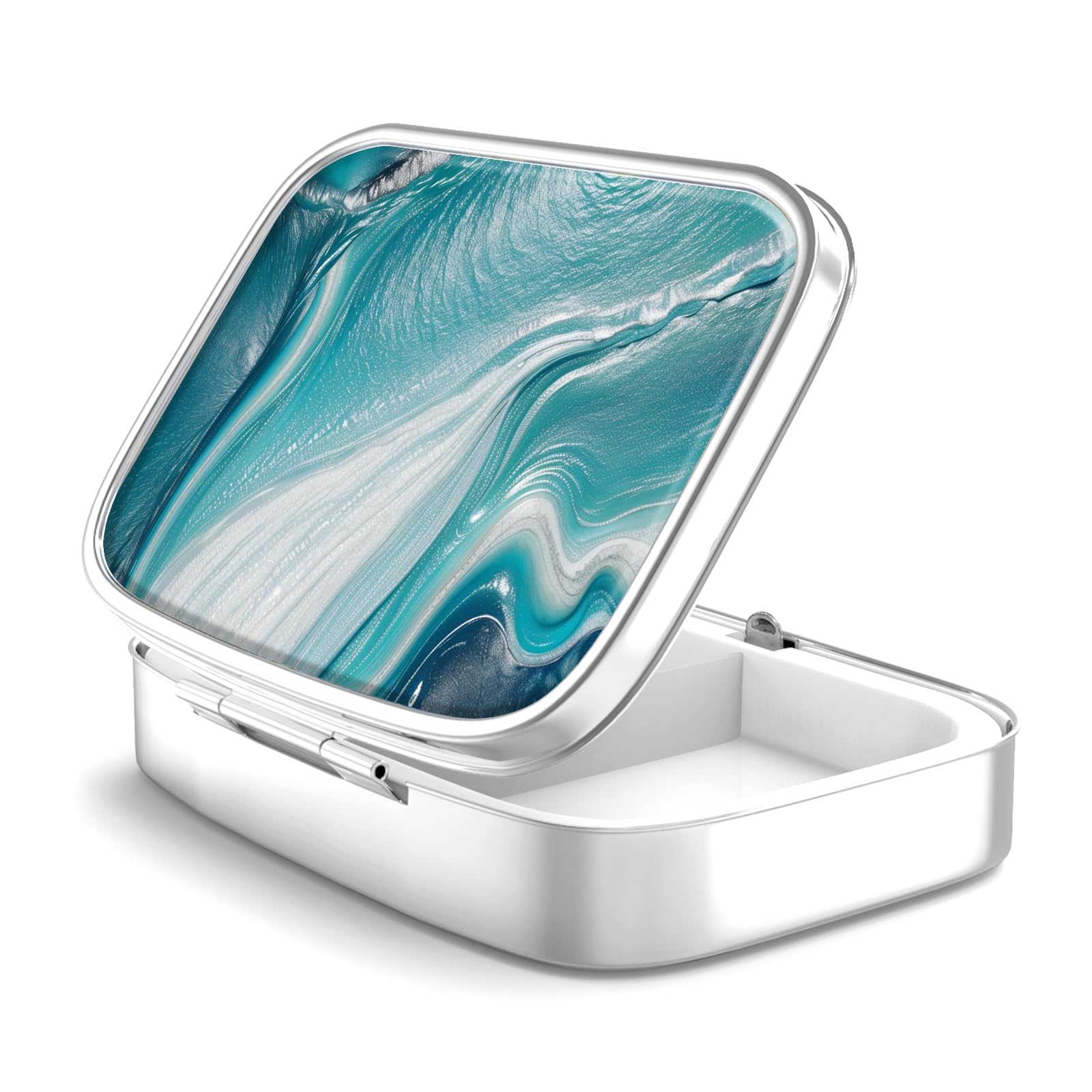 Pill Box 2 Compartment Medicine Pill Case,Portable for Pocket or Purse Pill Box Decorative Metal Medicine Vitamin Organizer Unique Gift(Ocean Marble)