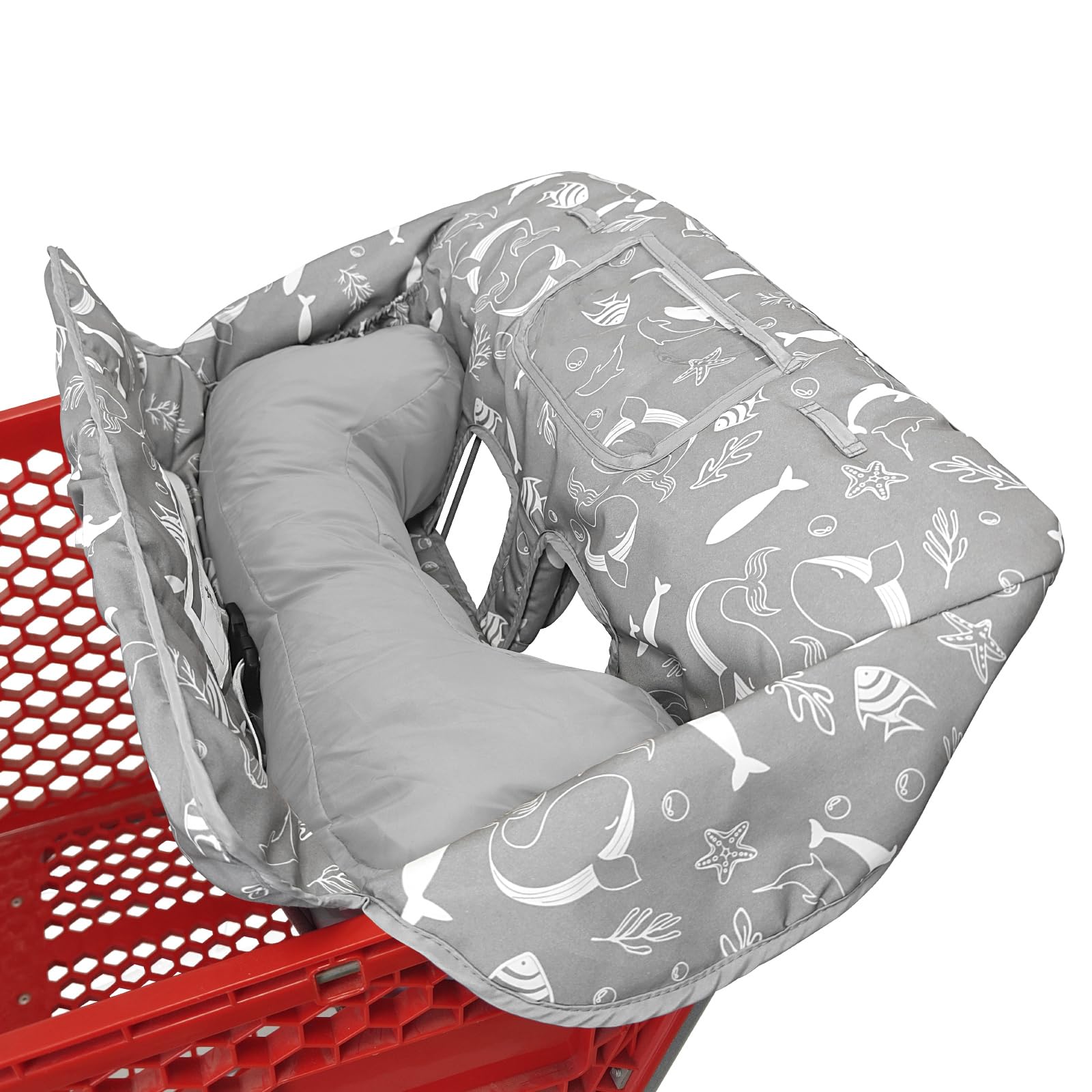 Photo 1 of Soft Pillow Attached 2-in-1 Shopping Cart and High Chair Cover for Baby, Cotton Padded Cart Cover, Fold'n Roll Style, Portable with Carry Bag (Gray Seaworld)