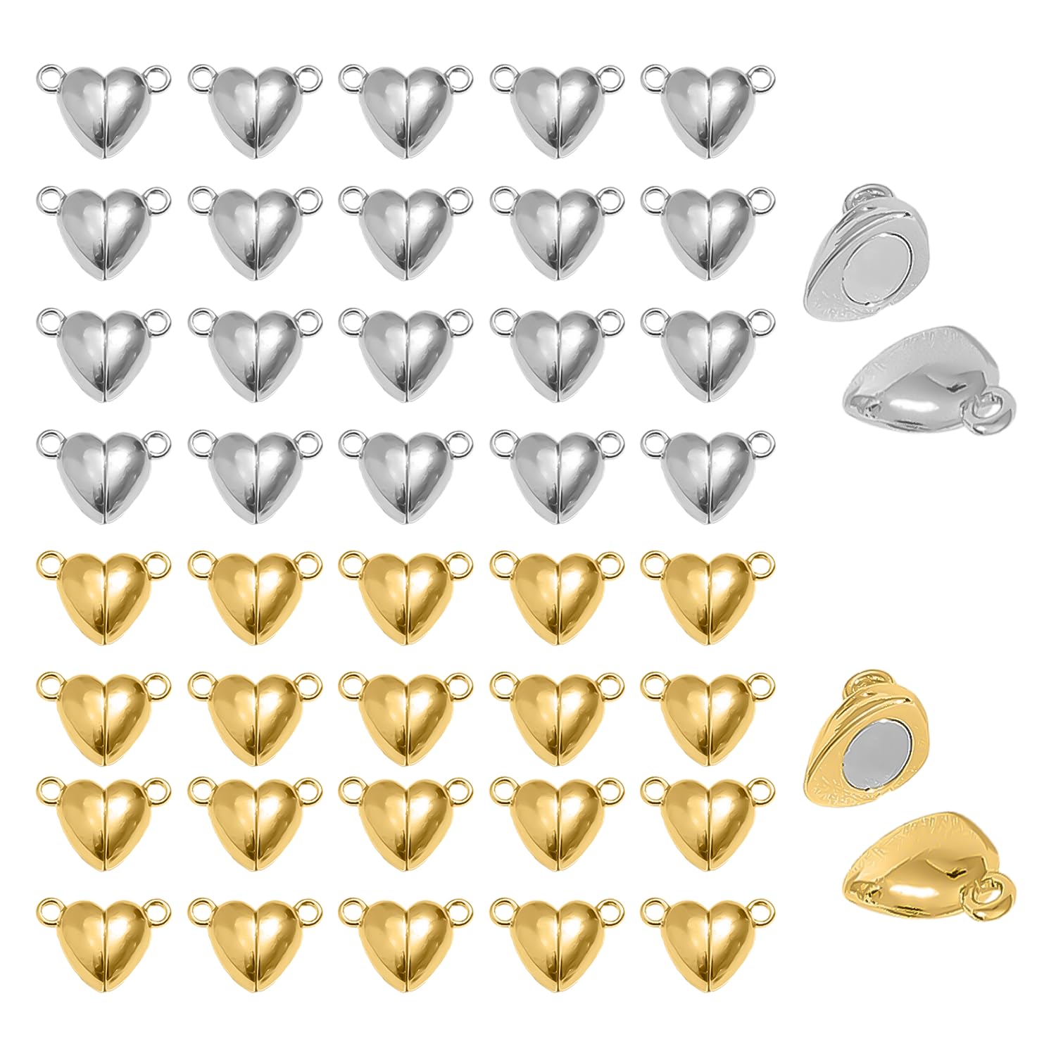 40 Pieces of Heart-Shaped Magnet Buckles, Love Magnet Buckles, Heart-Shaped Magnet Buckles, Magnetic Opening and Closing Buckles, Jewelry DIY Accessories (Gold, Silver)