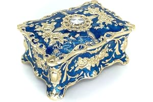 TRUEWON Jewelry Chest Rose Pastoral Style Metal Box Trinket Vintage Trinket Gemstone Storage Tray Treasure Souvenir Gift Case for Girls Women (Golden Blue, Small)