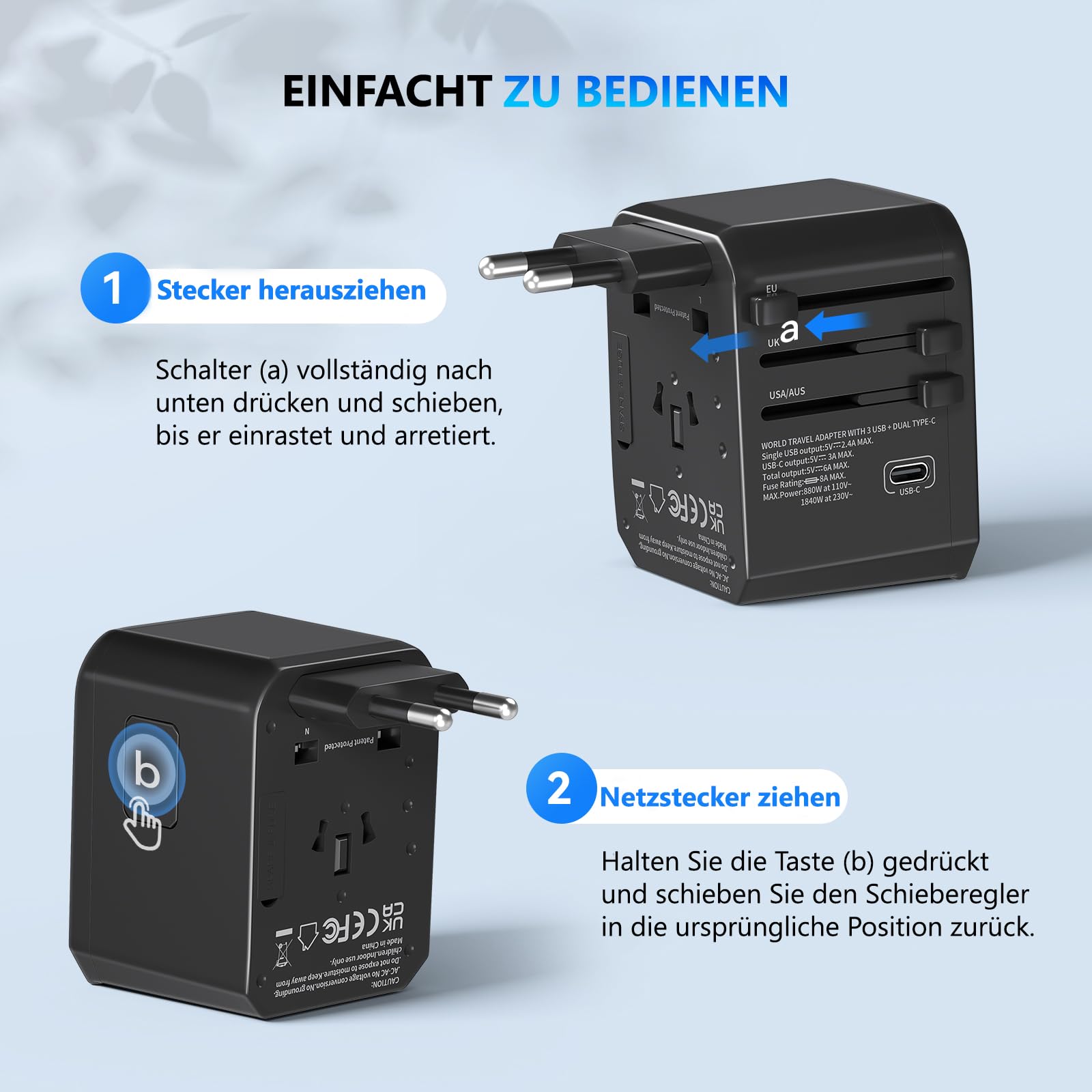 Reiseadapter Weltweit, Unidapt Universal Reisestecker mit 3USB C 2USB und 1AC Steckdose, Internationaler Steckdosenadapter, Universaladapter für Deutschland USA England Thailand Italien Australien 3