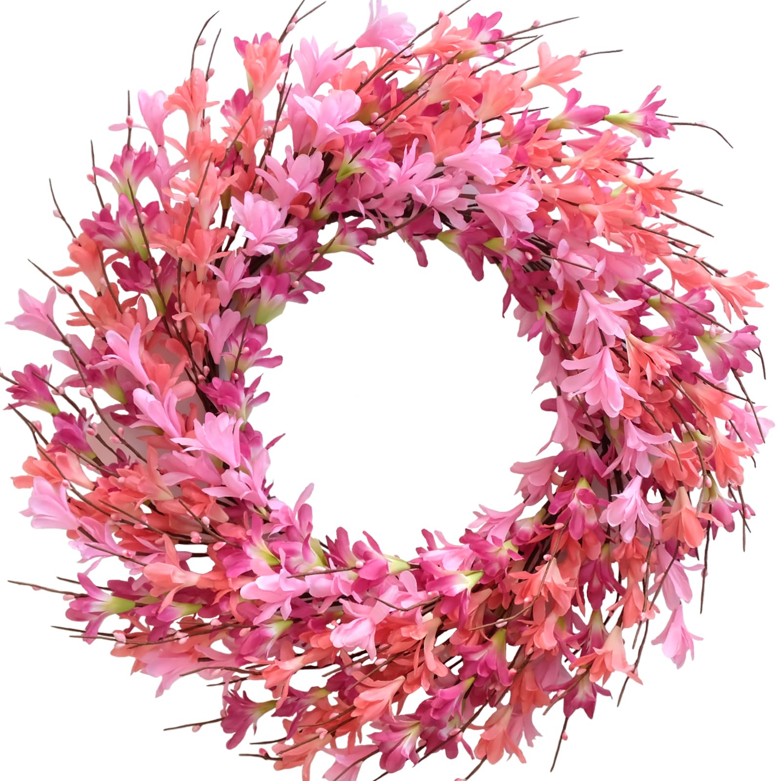 Bibelot 22inch Artificial Forsythia Flower Wreath Spring Summer Fall Wreath Silk Leaves for Front Door Decoration Porch Farmhouse Patio Garden Home Decor (Pink)